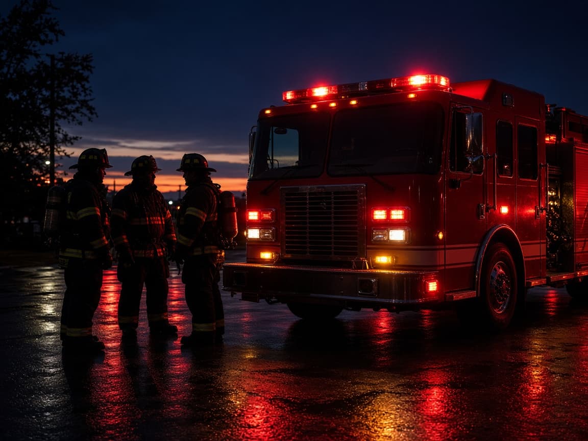 Lebanese Civil Defense fire truck responding at dusk
